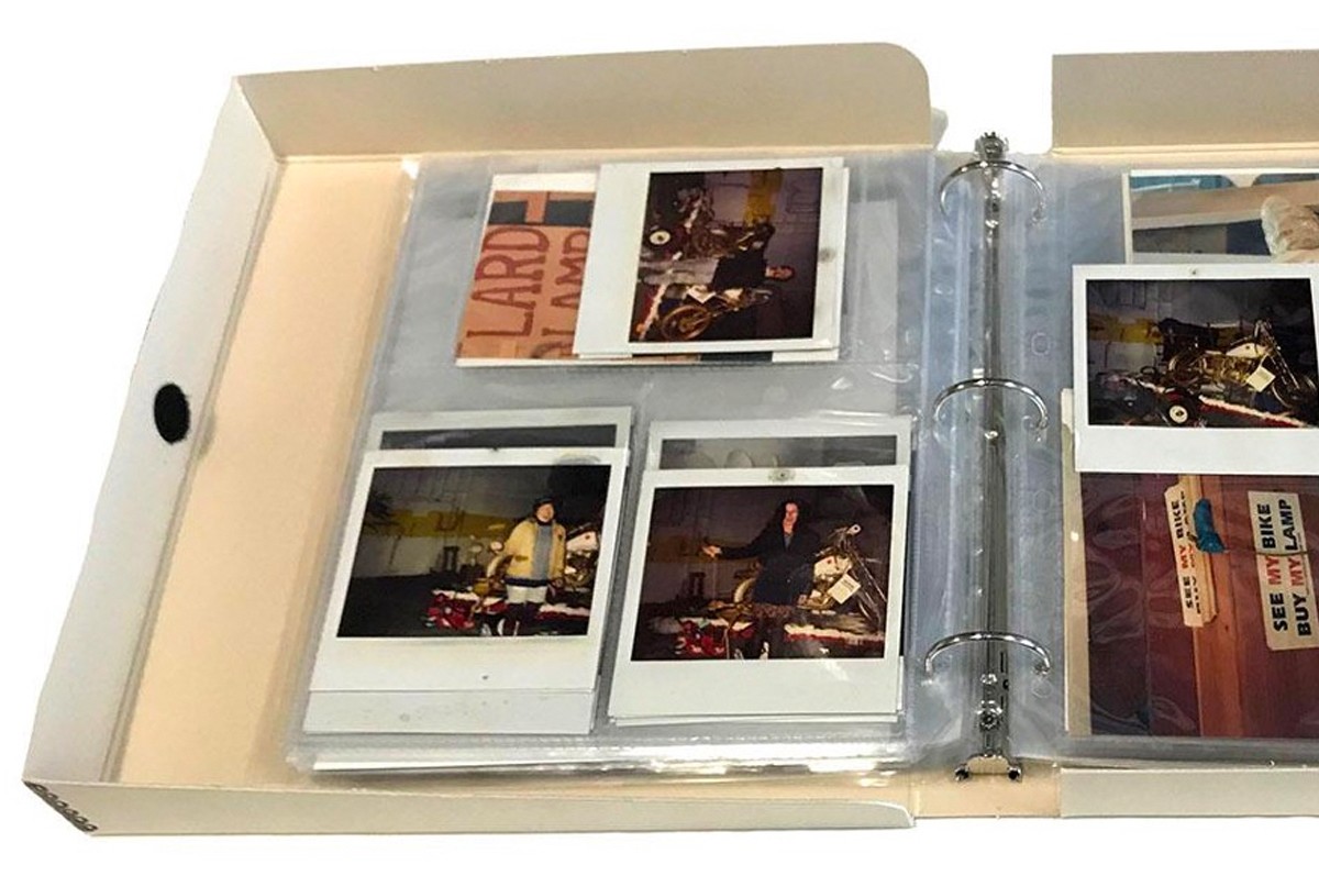 Photographs in sleeves in an archival binder box