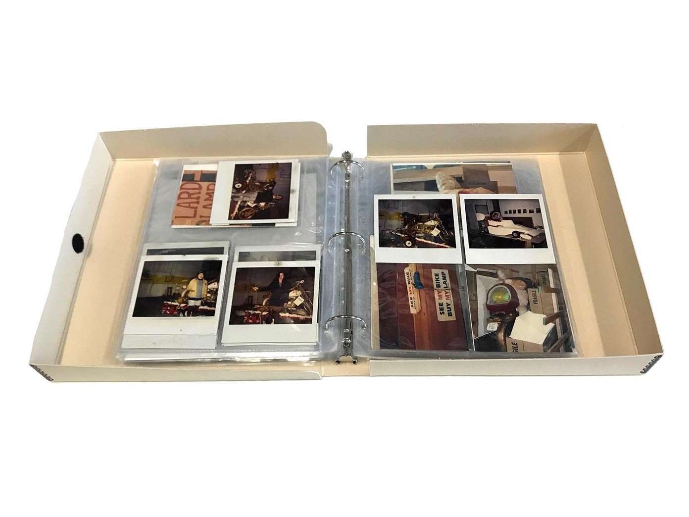 Photographs in sleeves in an archival binder box
